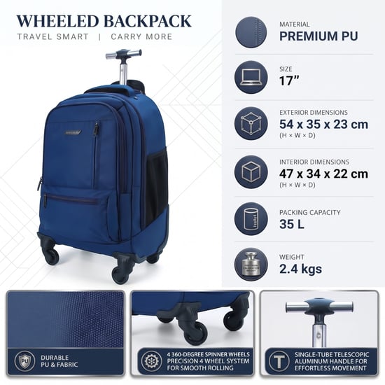 19" laptopryggsäck på hjul, blå, premium-PU, 4 hjul, trolleyryggsäck - Image 2