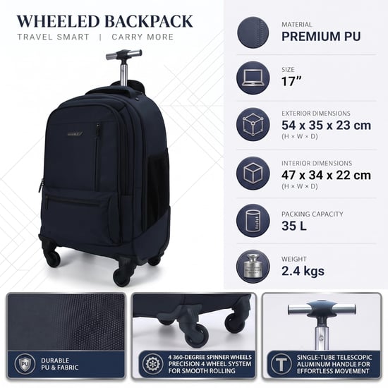 19" laptopryggsäck på hjul, svart, premium-PU, 4 hjul, trolleyryggsäck - Image 2