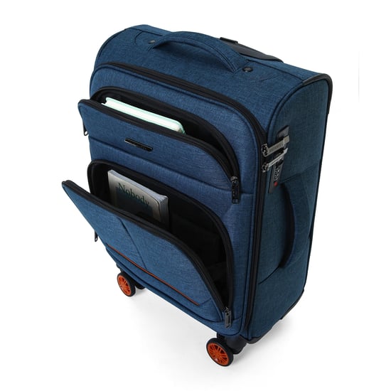 Soft Shell Blue Linen Suitcase 8 Wheel Lightweight Travel Luggage - Image 4