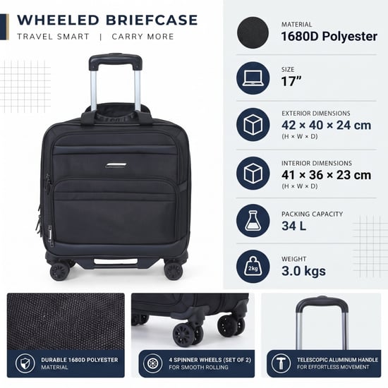 17" Black Wheeled Laptop Briefcase 1680D Polyester 4 Wheel Business Bag - Image 2