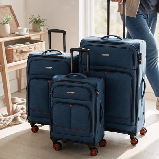 Soft Shell Blue Linen Suitcase 8 Wheel Lightweight Luggage Set - Image 1