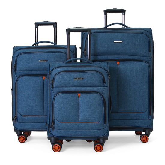 Soft Shell Blue Linen Suitcase 8 Wheel Lightweight Luggage Set - Image 2