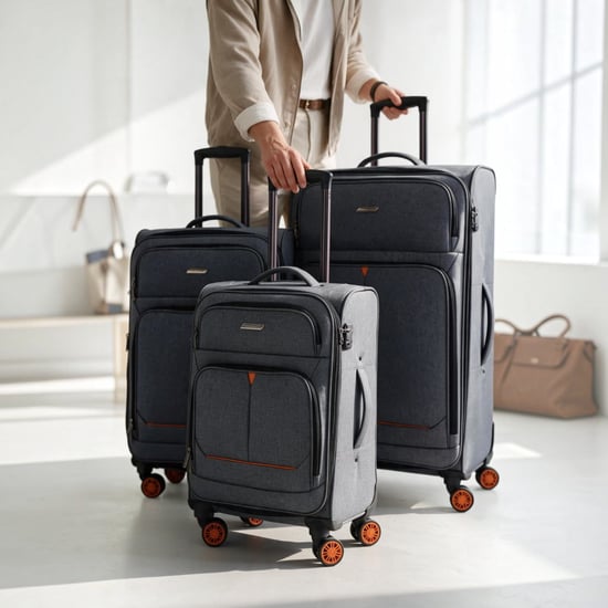 Soft Shell Black Linen Suitcase 8 Wheel Lightweight Luggage Set - Image 1