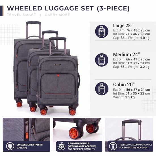 Soft Shell Black Linen Suitcase 8 Wheel Lightweight Luggage Set - Image 3