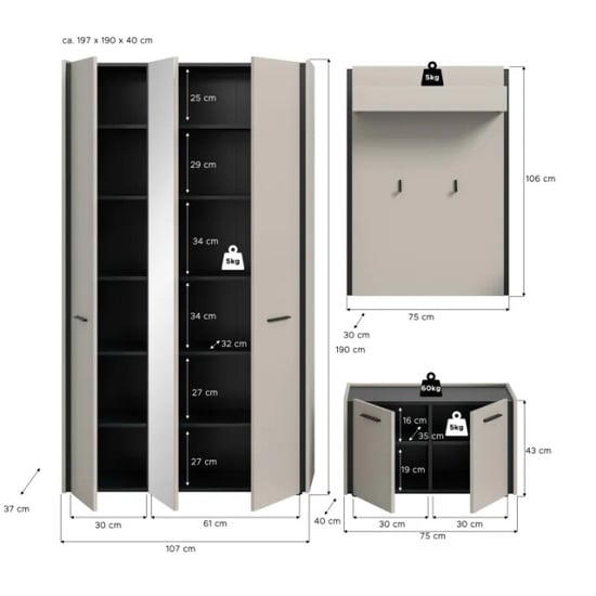 Furnilux Garderobecombinatie kasjmier moderne ingangsmeubel met zitbank 197x190 cm - Image 2