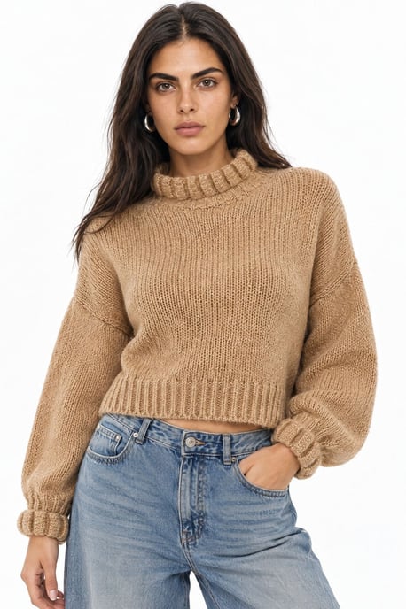 Thick Turtleneck Textured Crop Sweater - Image 1