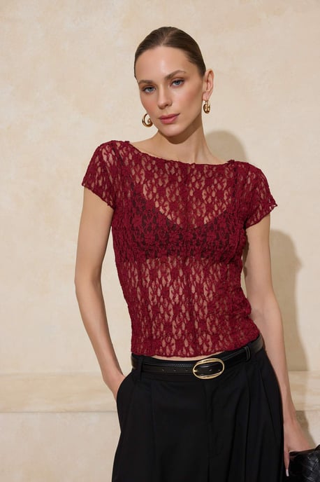 TRENDYOLMİLLA Dames Bordeaux Effen Kort Getailleerd Blouses - Image 6