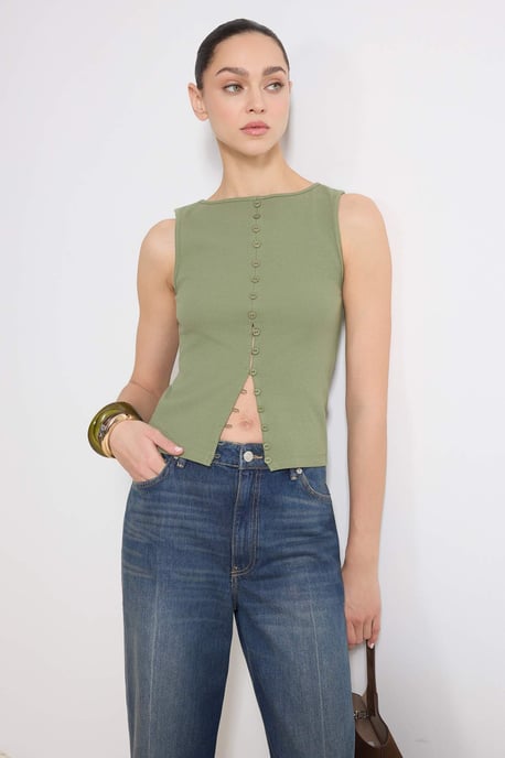 TRENDYOLMİLLA Dames Kaki Effen Mouwloos Getailleerd Blouses - Image 1