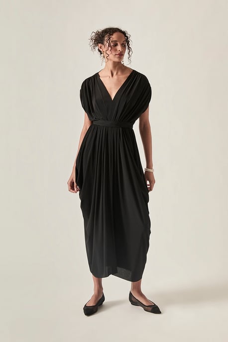Open-Back Draped Midi Dress – Black - Image 1