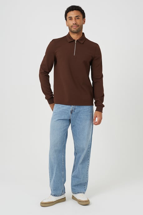 Brown Long Sleeve Quarter Zip Polo Shirt - Image 3