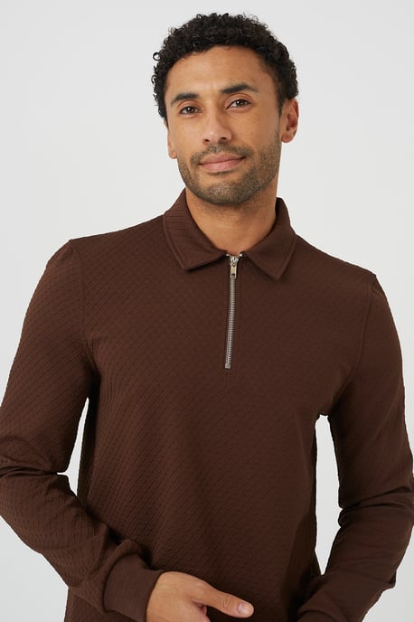 Brown Long Sleeve Quarter Zip Polo Shirt - Image 4