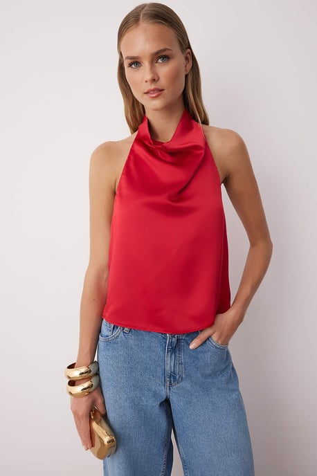 TRENDYOLMİLLA Dames Rood Effen Mouwloos Regular fit Blouses - Image 3