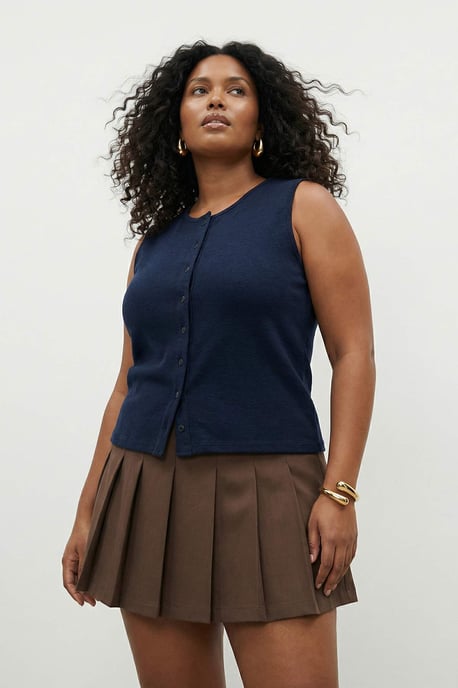 Trendyol Curve Dames Blauw Effen Mouwloos Getailleerd Grote maten Blouses - Image 1