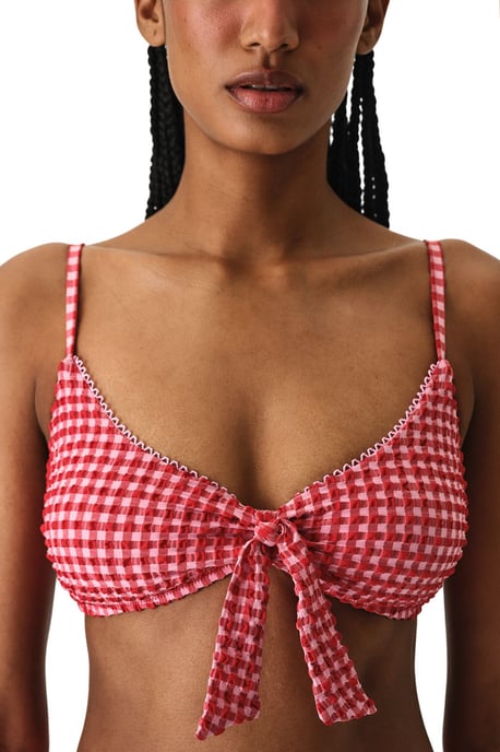 Paulina Triangle Knotted Checkered Textured Bikini Top - Image 3
