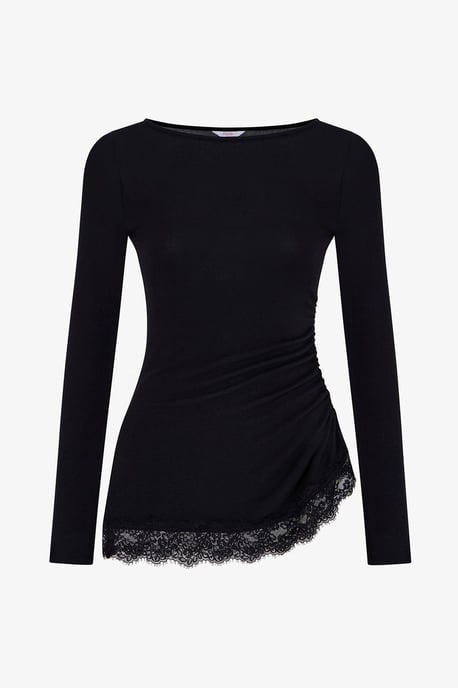 Asymmetric Lace-Detail Long-Sleeve Blouse - Image 2