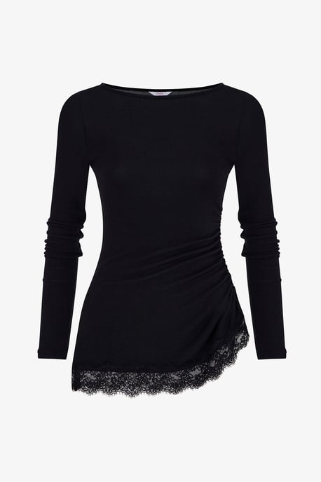 Asymmetric Lace-Detail Long-Sleeve Blouse - Image 3