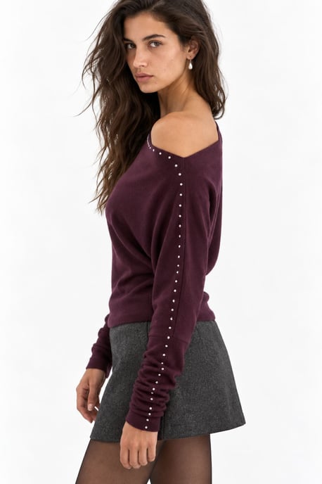 Boat Neck Blouse with Stone Accessory - Image 2