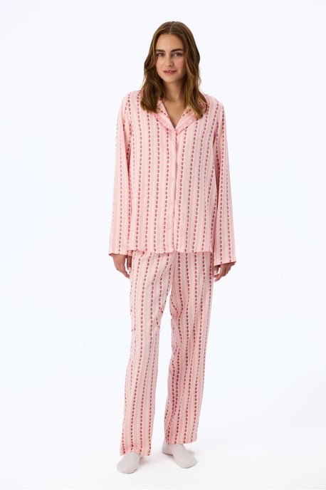 Lätt pyjamaset med blommönster, volanger, långärmad skjorta och byxor - Image 1