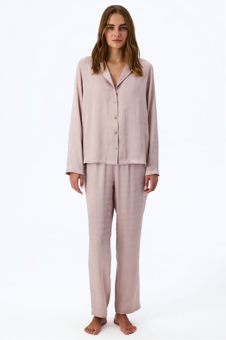 Pastel Romantic Satin pyjamaset met blouse met lange mouwen en broek met sloganpatroon - Image 1