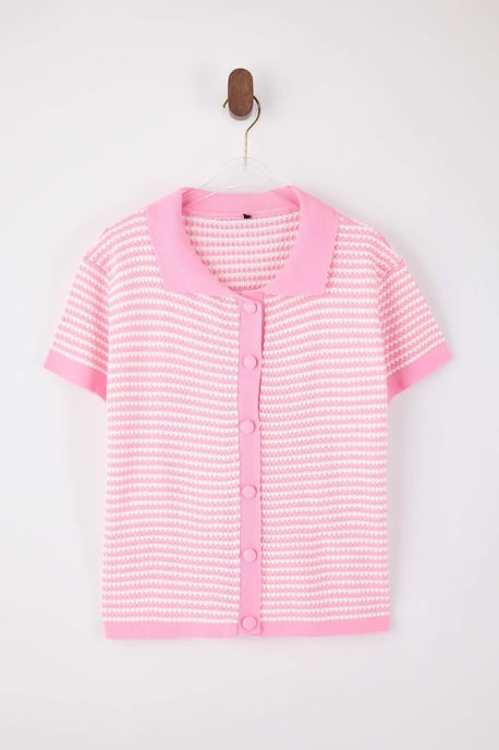TRENDYOLMİLLA Dames Roze Gestreept Kort Regular fit Blouses - Image 4