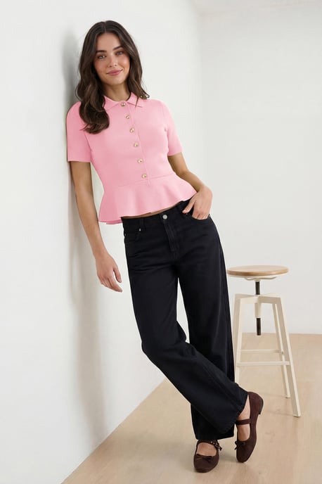 TRENDYOLMİLLA Dames Roze Effen Kort Getailleerd Blouses - Image 5