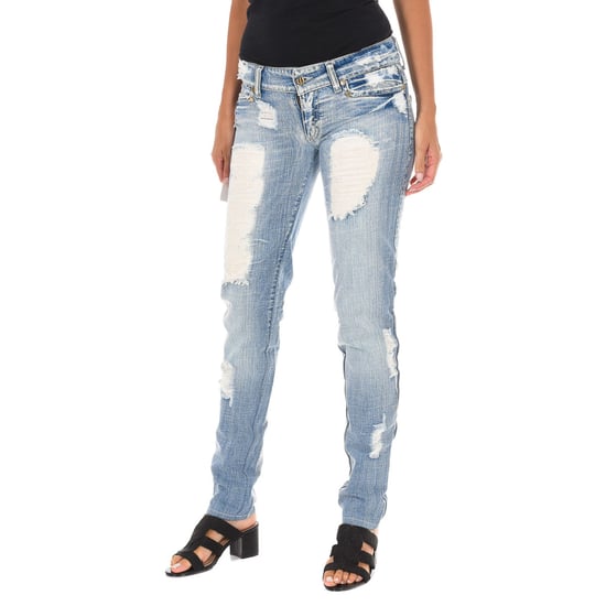 Långa denimbyxor med rippad effekt och chiffong D012929-D024 kvinna - Image 1