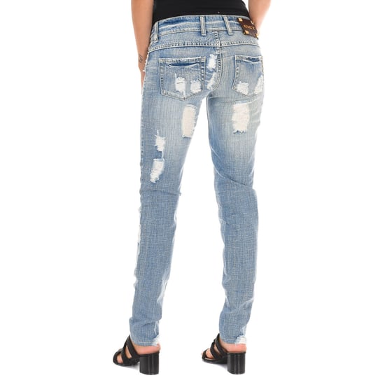 Långa denimbyxor med rippad effekt och chiffong D012929-D024 kvinna - Image 3