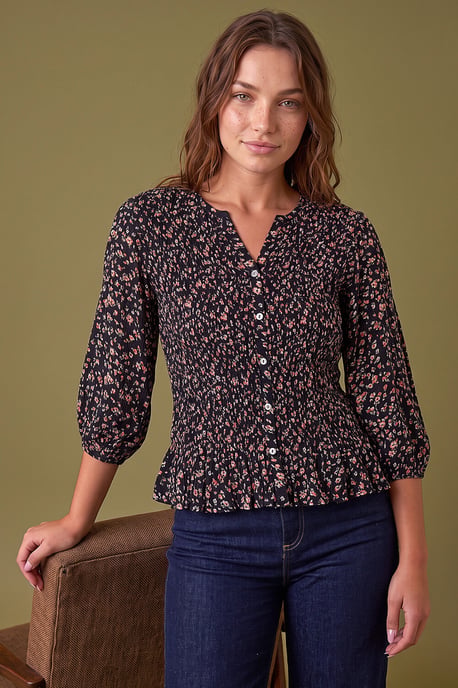 Petite Shirred Button Blouse - Image 1