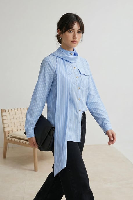Trendyol Modest Dames Blauw Gestreept Lang Regular fit Modest Overhemden - Image 6
