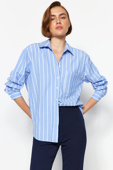 TRENDYOLMİLLA Dames Blauw Gestreept Lang Oversized Overhemden - Image 1