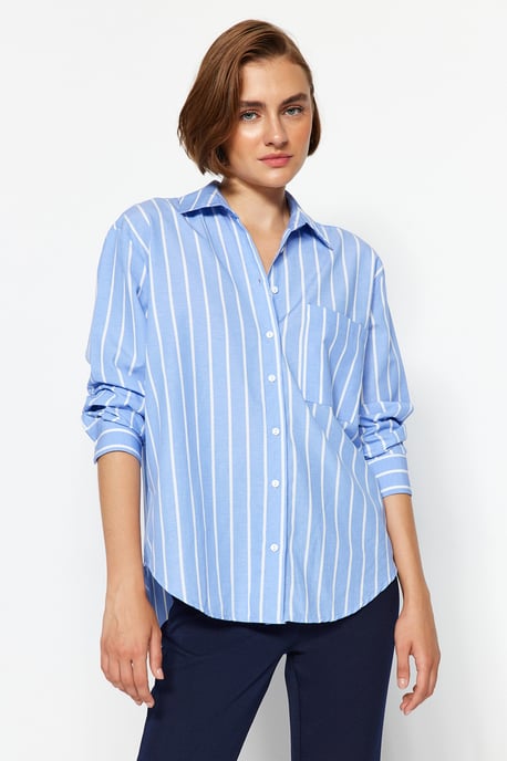 TRENDYOLMİLLA Dames Blauw Gestreept Lang Oversized Overhemden - Image 2