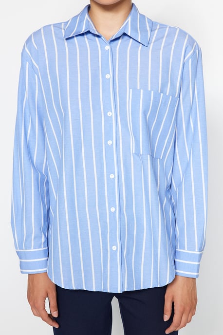 TRENDYOLMİLLA Dames Blauw Gestreept Lang Oversized Overhemden - Image 3