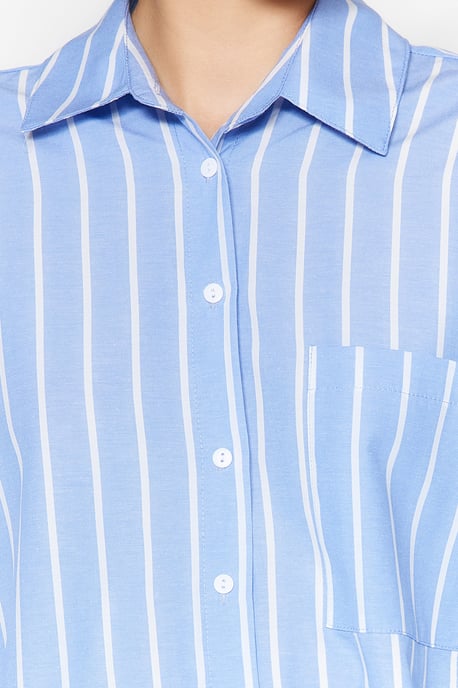 TRENDYOLMİLLA Dames Blauw Gestreept Lang Oversized Overhemden - Image 4