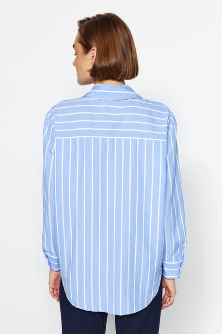 TRENDYOLMİLLA Dames Blauw Gestreept Lang Oversized Overhemden - Image 5