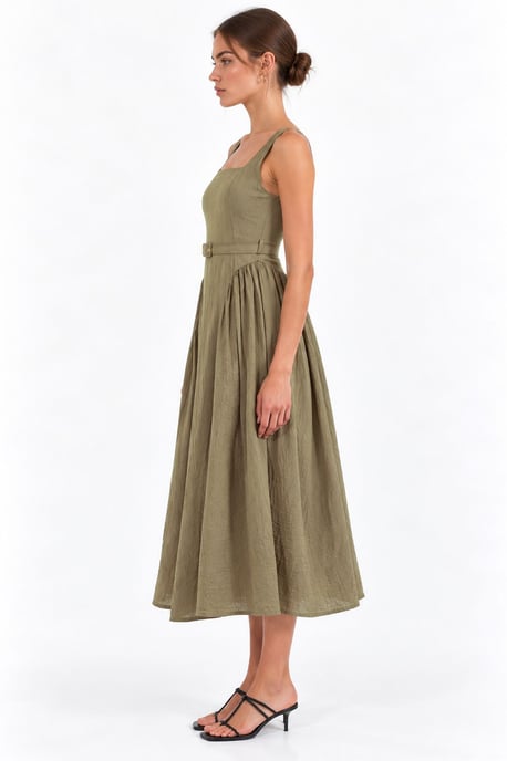 Square Collar Belted Midi Dress - Image 2