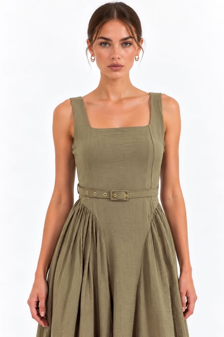 Square Collar Belted Midi Dress - Image 3