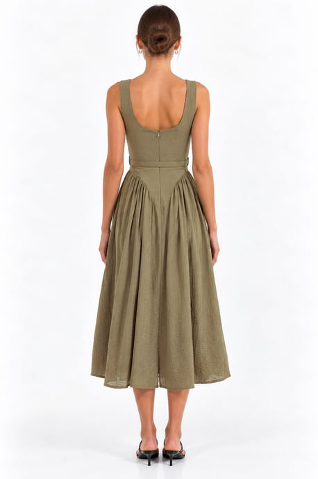 Square Collar Belted Midi Dress - Image 4