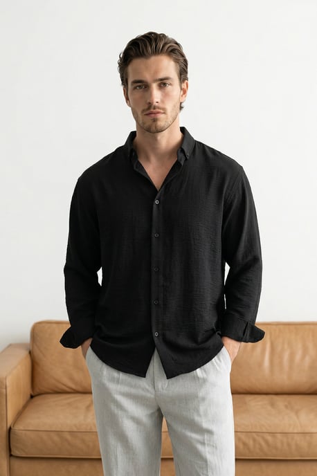TRENDYOL MAN Men's Black Plain Long Regular fit Shirts - Image 3
