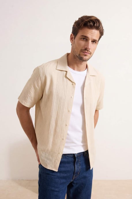 TRENDYOL MAN Men's Ecru Textured Short Oversize Shirts - Image 1