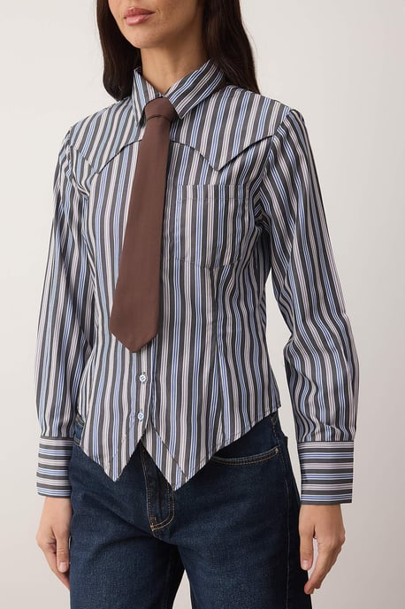 TRENDYOLMİLLA Dames Bruin Gestreept Lang Slim fit Overhemden - Image 2