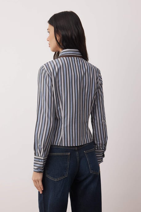 TRENDYOLMİLLA Dames Bruin Gestreept Lang Slim fit Overhemden - Image 3