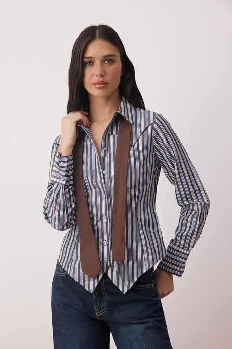 TRENDYOLMİLLA Dames Bruin Gestreept Lang Slim fit Overhemden - Image 4