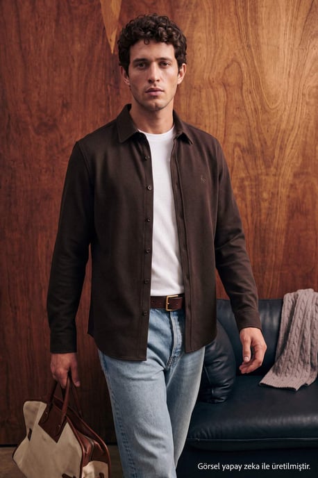 TRENDYOL MAN Men's Brown Plain Long Regular fit Shirts - Image 2