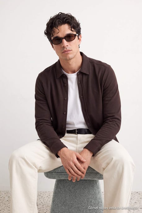 TRENDYOL MAN Men's Brown Plain Long Regular fit Shirts - Image 4