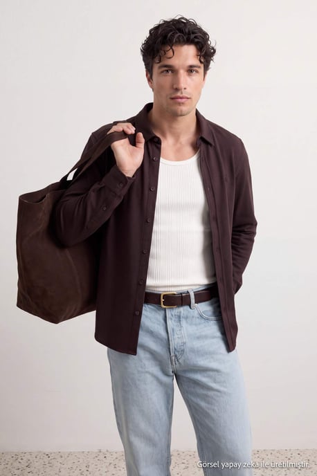 TRENDYOL MAN Men's Brown Plain Long Regular fit Shirts - Image 5