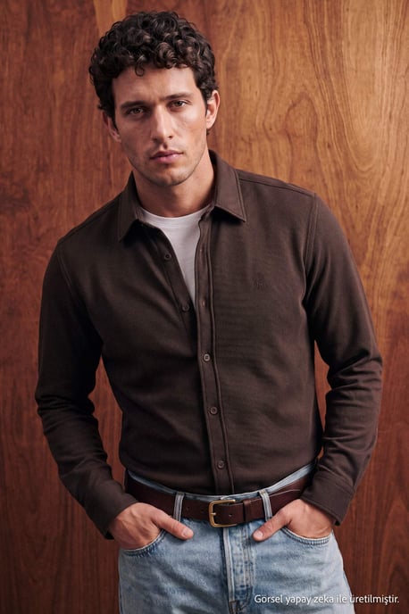 TRENDYOL MAN Men's Brown Plain Long Regular fit Shirts - Image 6