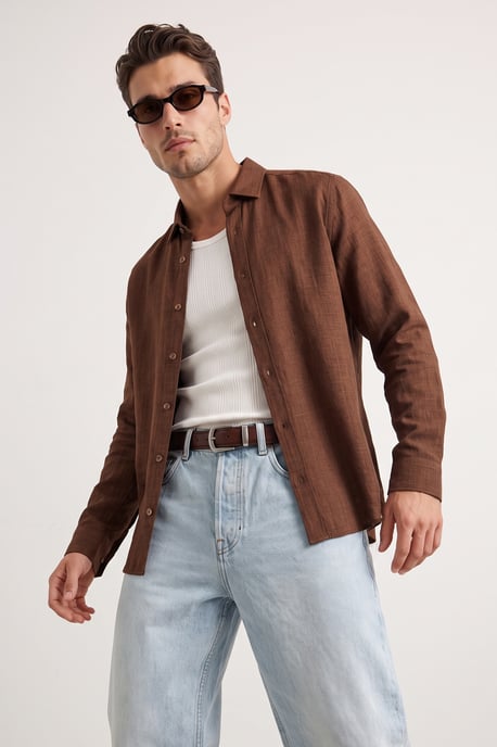 TRENDYOL MAN Men's Brown Plain Long Regular fit Shirts - Image 1