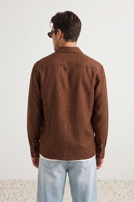TRENDYOL MAN Men's Brown Plain Long Regular fit Shirts - Image 3