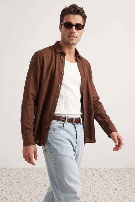 TRENDYOL MAN Men's Brown Plain Long Regular fit Shirts - Image 6