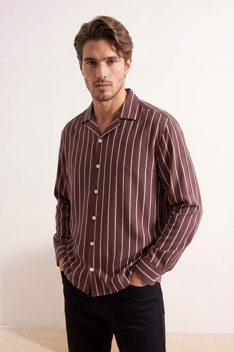 TRENDYOL MAN Men's Brown Striped Long Oversize Shirts - Image 1